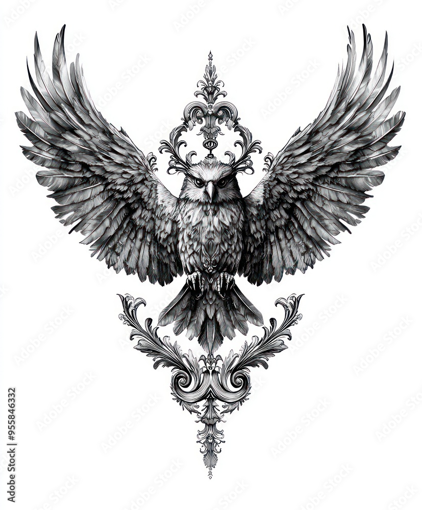 Obraz premium An ornate illustration of an owl with spread wings, featuring intricate decorative elements.