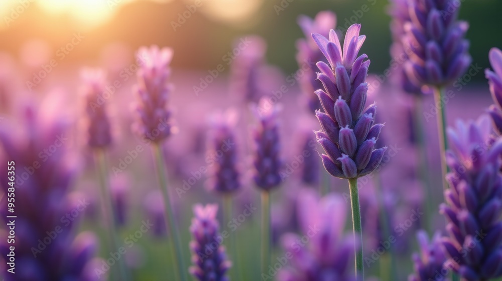 A field of purple lavender flowers with a sun in the background A field of purple lavender flowers with a sun in the background