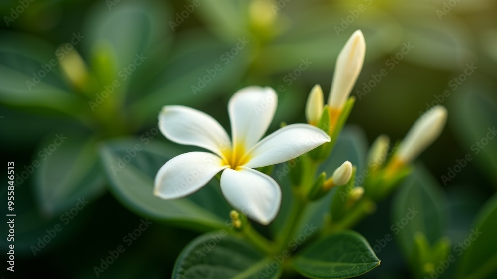 A white flower with a yellow center is surrounded by green leaves A white flower with a yellow center is surrounded by green leaves