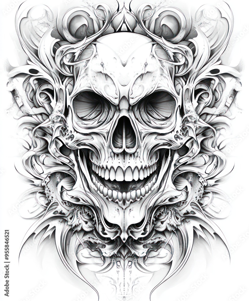 A detailed skull illustration with intricate floral designs. A detailed skull illustration with intricate floral designs.