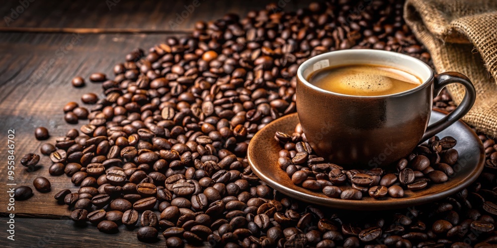 Close-up of a cup of coffee and beans with Nescafe Dark Roast, coffee, cup, beans, Nescafe, Dark Roast, drink, beverage, aroma