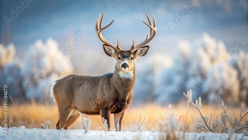 Large mule deer buck standing majestically in a snowy field, deer, buck, mule deer, wildlife, nature, winter, cold, snow