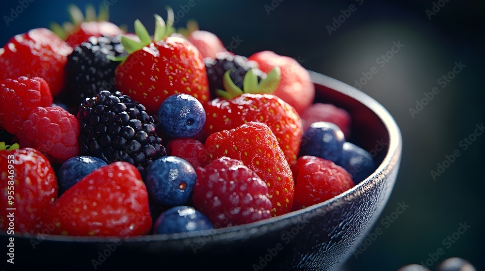 Fresh Assortment of Vibrant Berries in Rustic Wooden Bowl on Desk