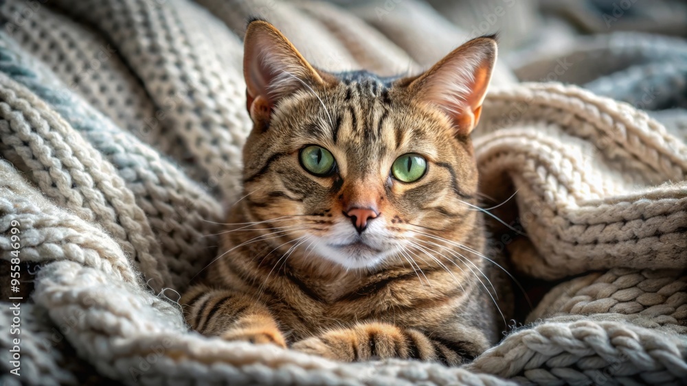Close-up of a tabby cat lounging on a knitted blanket , tabby, cat, feline, pet, cozy, comfortable, relaxed, lying down, resting Close-up of a tabby cat lounging on a knitted blanket , tabby, cat, feline, pet, cozy, comfortable, relaxed, lying down, resting