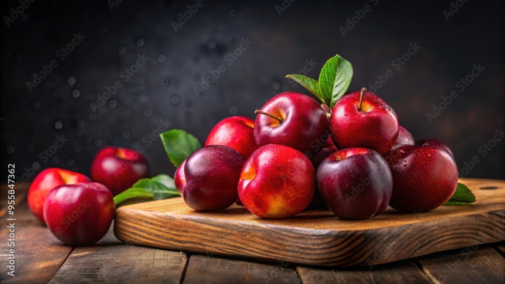 Fresh red plums on a wooden board against a black background, plums, fresh, red, wooden board, black background, ripe, juicy Fresh red plums on a wooden board against a black background, plums, fresh, red, wooden board, black background, ripe, juicy