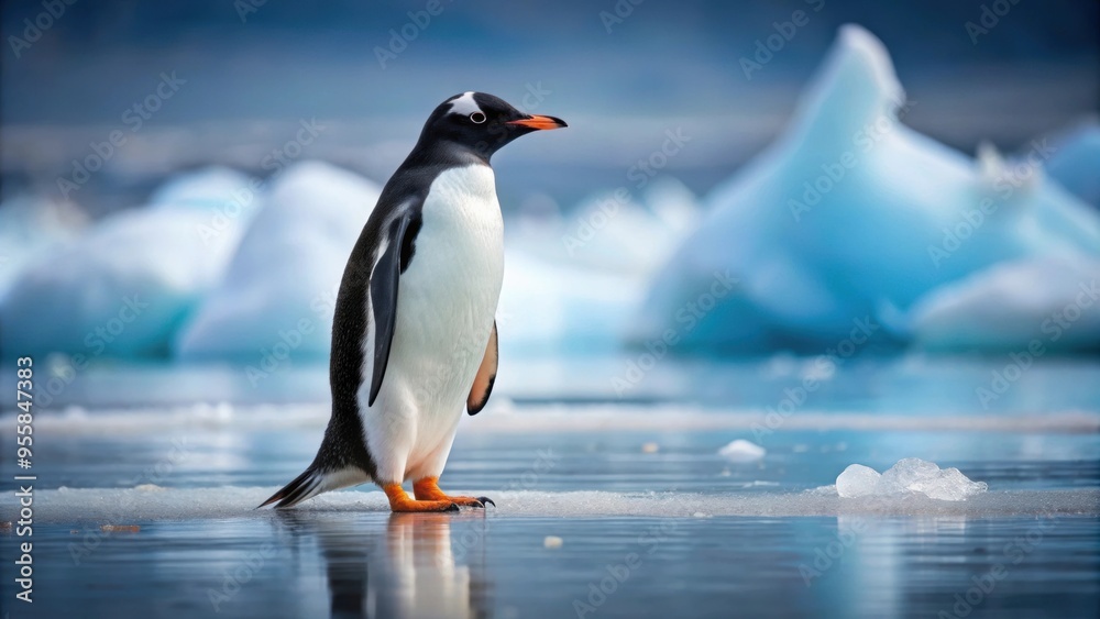 Fototapeta premium Lonely Gentoo penguin standing alone on the icy surface, penguin, Gentoo, ice, solitude, cold, Antarctica, wildlife