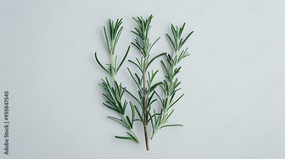 Flat lay of rosemary twigs and green leaves for food garnish, isolated on background, perfect for culinary presentation
