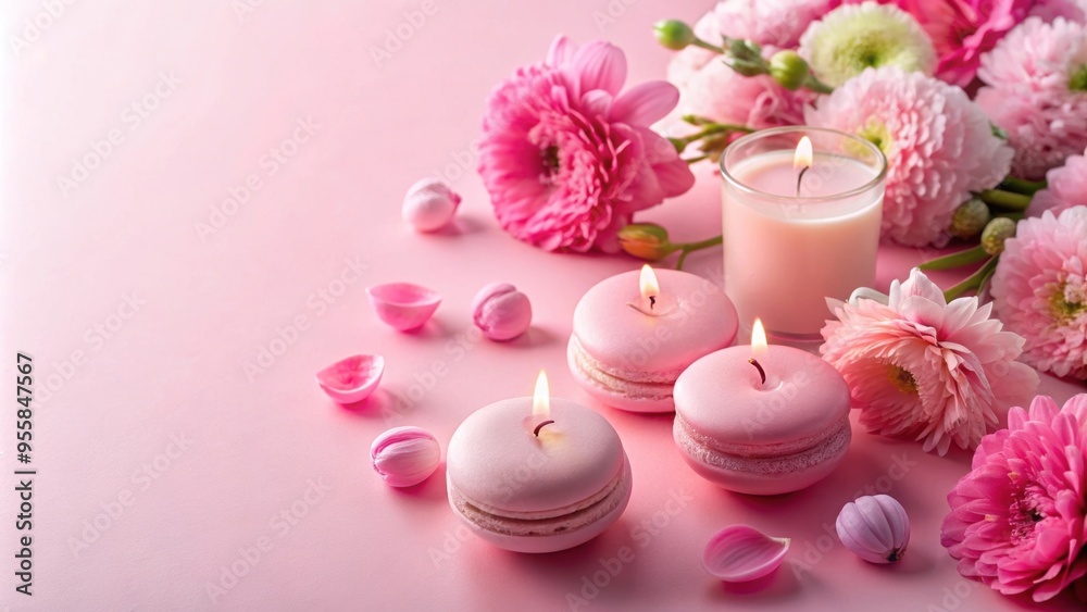 Pink flowers, candles, and a macaron on a pink background , floral, romantic, delicate, elegant, feminine, pastel Pink flowers, candles, and a macaron on a pink background , floral, romantic, delicate, elegant, feminine, pastel