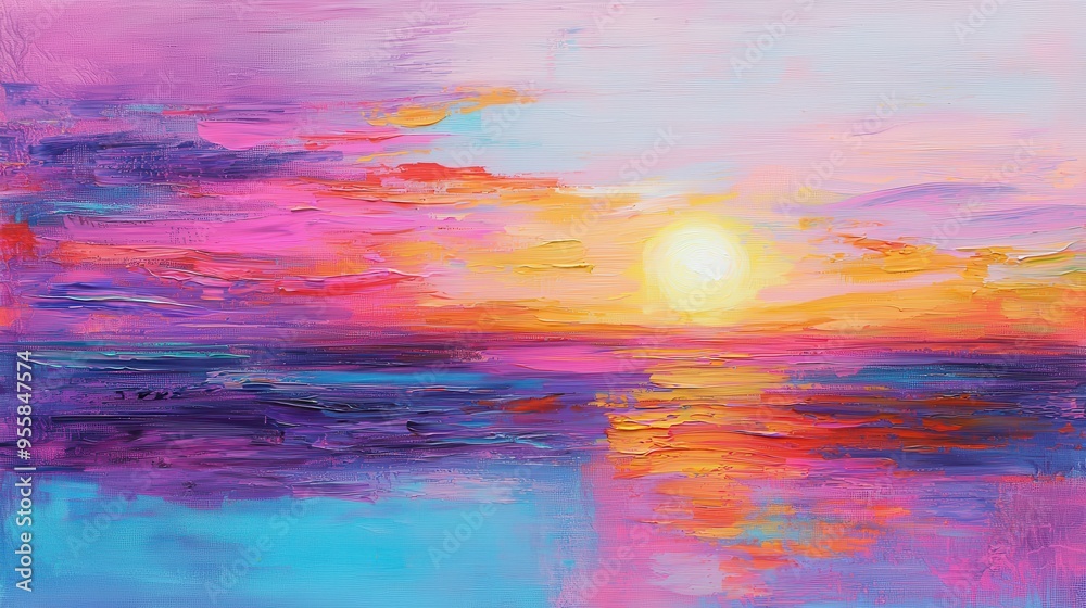 Abstract Sunset Landscape Painting with Colorful Strokes Abstract Sunset Landscape Painting with Colorful Strokes