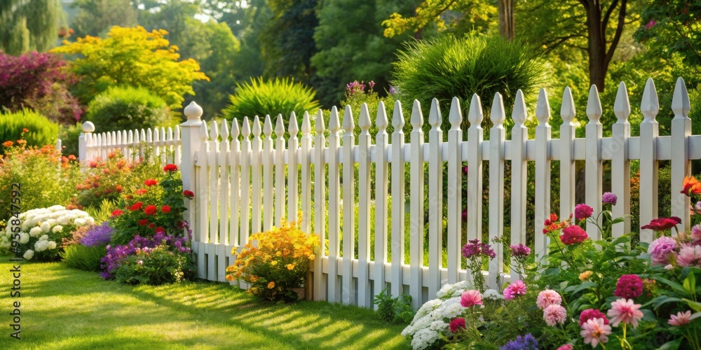 A white picket fence surrounding a lush garden , garden, picket, white, wooden, boundary, backyard, security, protection A white picket fence surrounding a lush garden , garden, picket, white, wooden, boundary, backyard, security, protection