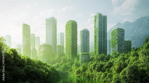 Sustainable city, Green City, building, sky, city, tree, architecture, nature, landscape, skyscraper, park, summer, grass, business, urban, travel, tower, green, clouds, trees, view, house, road, pine