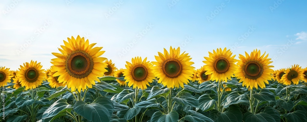 A field of sunflowers swaying under a bright blue sky, florals, sunflowers, field A field of sunflowers swaying under a bright blue sky, florals, sunflowers, field