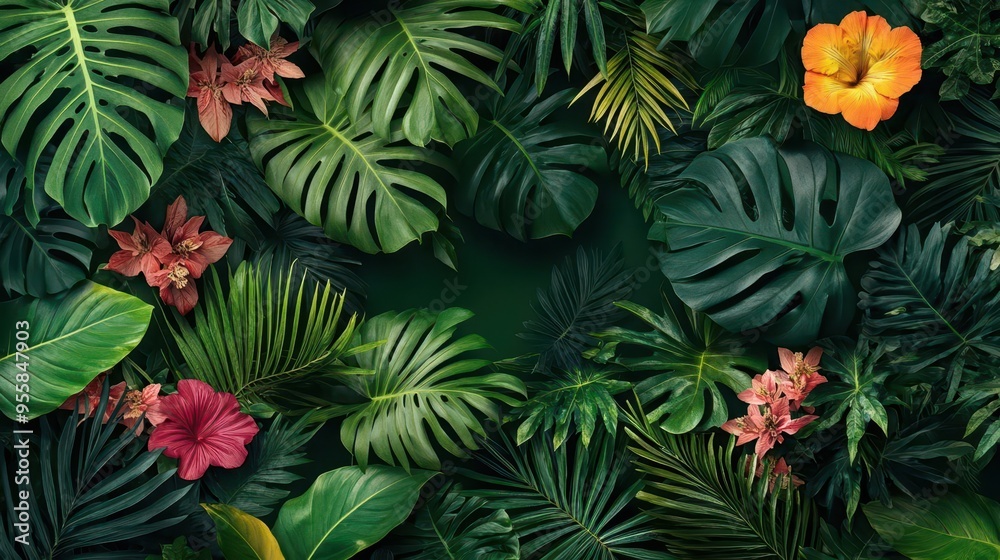 A lush jungle scene with tropical plants and vibrant flowers, botanicals, tropical, jungle A lush jungle scene with tropical plants and vibrant flowers, botanicals, tropical, jungle