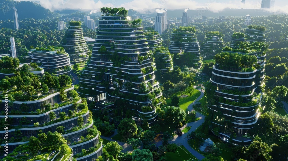Obraz premium Green Cityscape Sustainable Urban Development with Lush Greenery and Modern Buildings