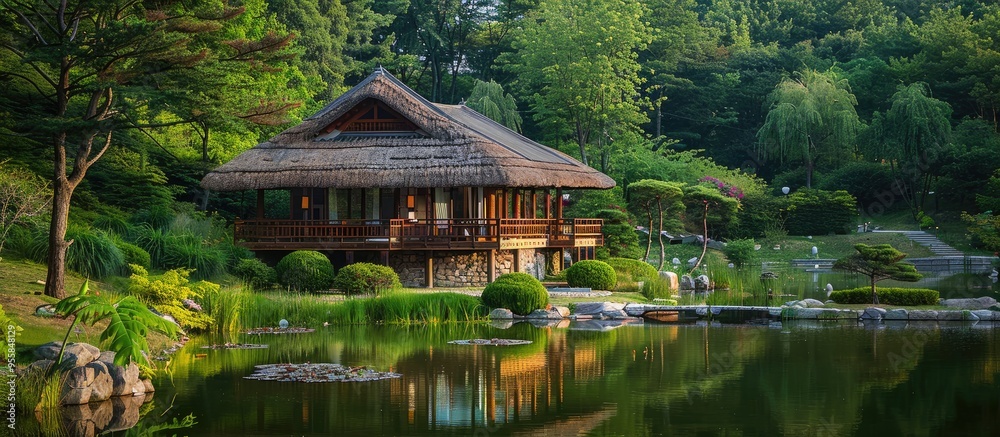 A Korean Thatched House And A Beautiful Pond A Korean Thatched House And A Beautiful Pond