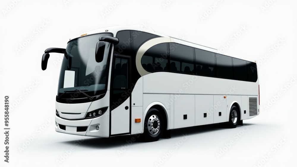 A white and black bus with a white stripe on the side A white and black bus with a white stripe on the side