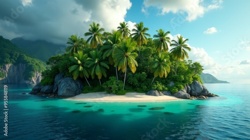 A tropical island with palm trees and a beach