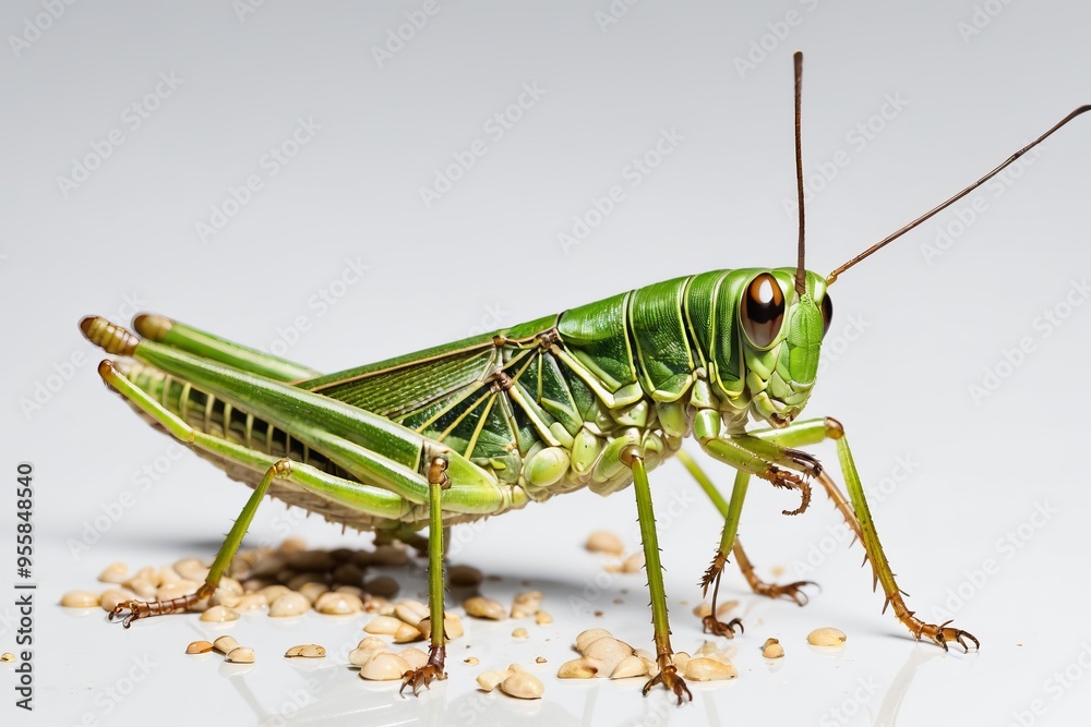 Green grasshopper isolated on white background, close-up shot Green grasshopper isolated on white background, close-up shot