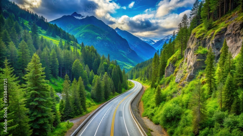Highway cutting through lush mountain forest , road, trees, nature, scenic, landscape, travel, journey, adventure Highway cutting through lush mountain forest , road, trees, nature, scenic, landscape, travel, journey, adventure
