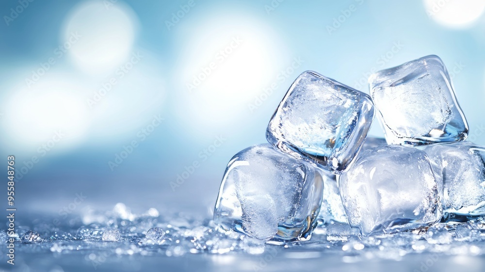 A pile of ice cubes on a blue background A pile of ice cubes on a blue background