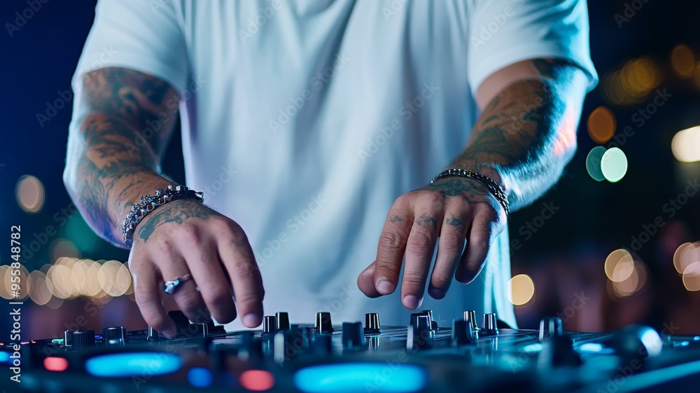 A man with tattoos on his arms is playing a DJ set A man with tattoos on his arms is playing a DJ set