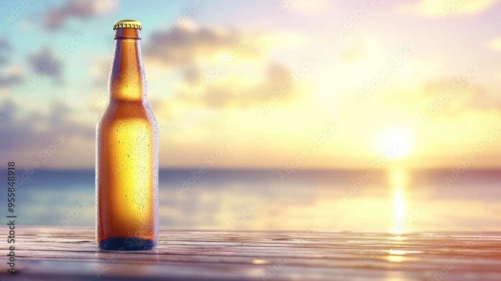A bottle of beer is sitting on a wooden table by the ocean A bottle of beer is sitting on a wooden table by the ocean