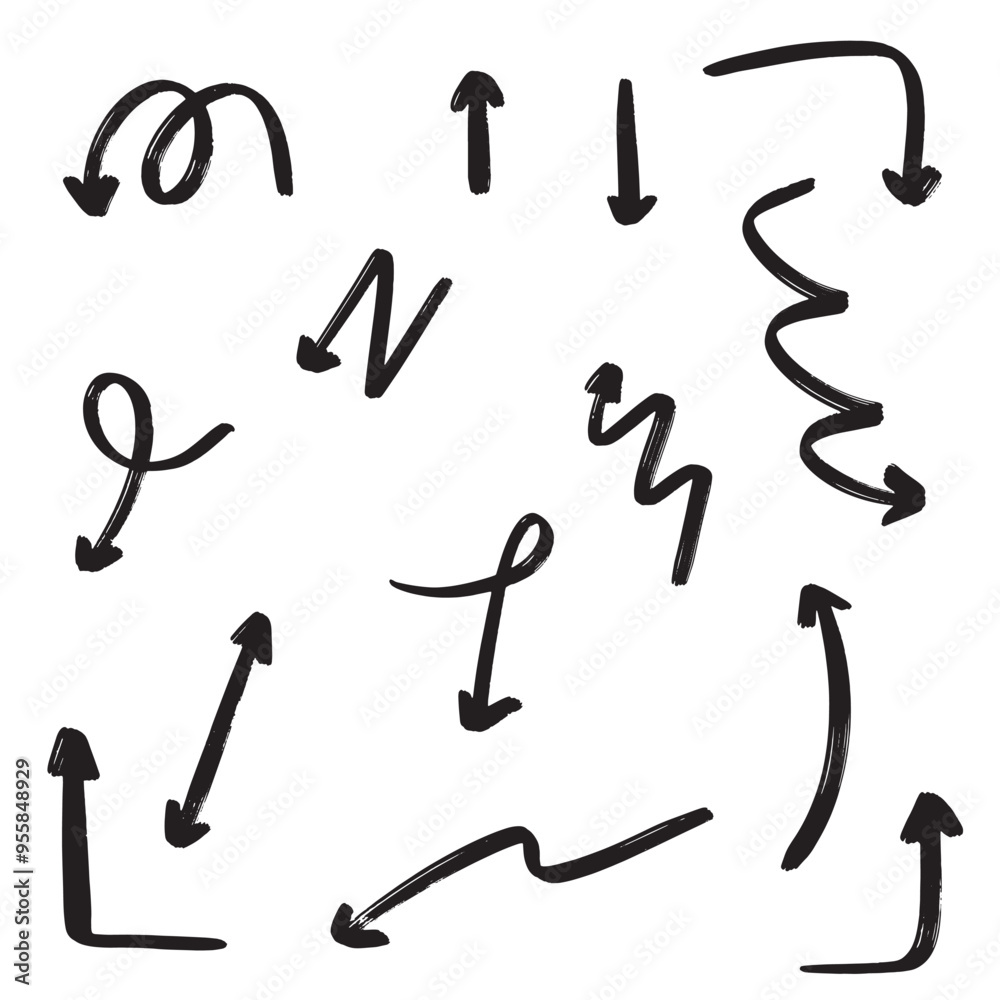 The collection of hand drawn arrows. Arrows set on the white background. Vector EPS 10. The collection of hand drawn arrows. Arrows set on the white background. Vector EPS 10.