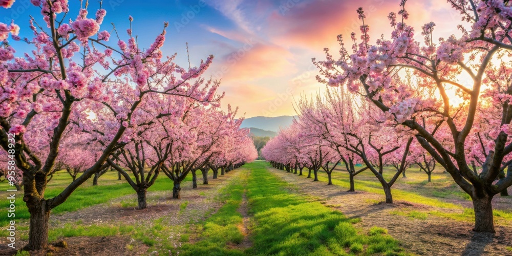 Beautiful blooming almond trees and colorful flowers field, almond trees, blooming, blooming season, flowers, spring Beautiful blooming almond trees and colorful flowers field, almond trees, blooming, blooming season, flowers, spring