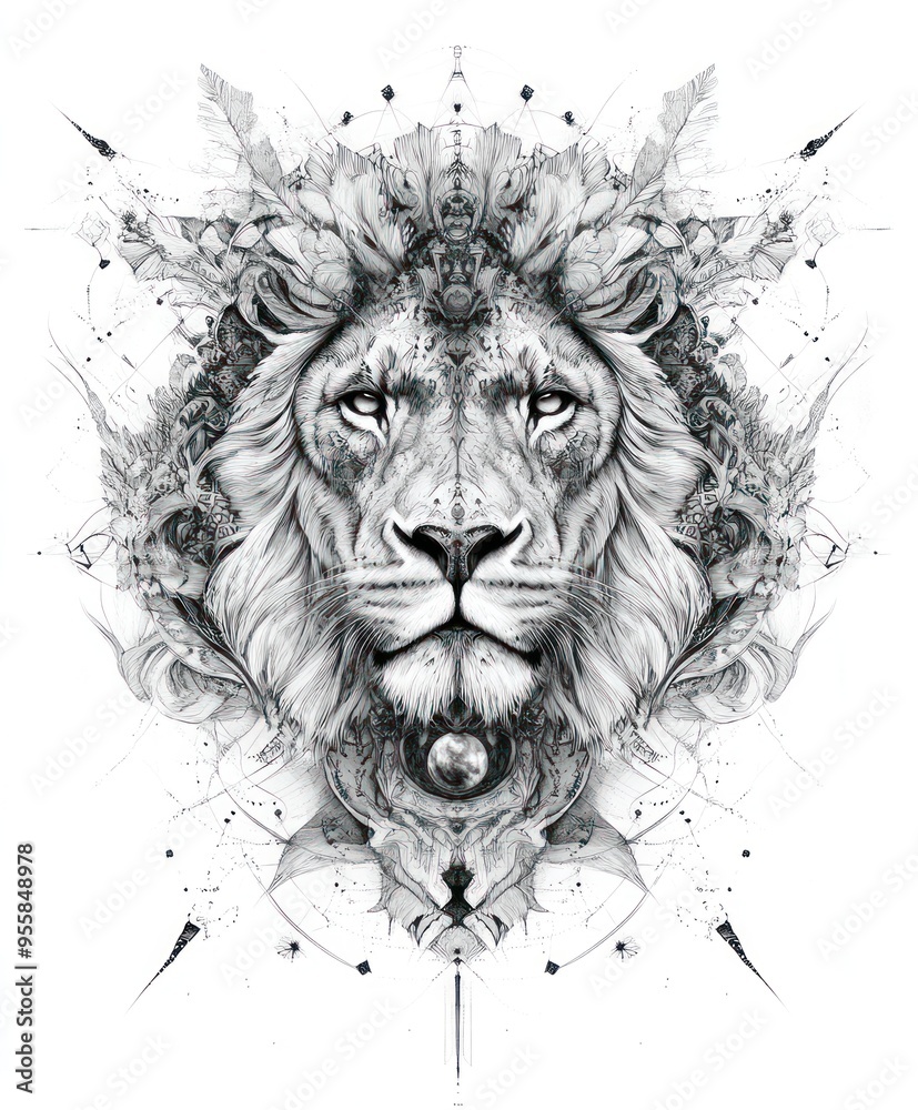 Obraz premium A detailed black-and-white illustration of a lion's face surrounded by intricate designs.