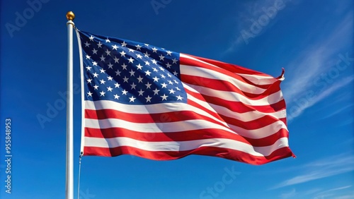 USA flag waving in the wind under a clear blue sky, , American, flag, United States, patriotism, pride, symbol, freedom, independence