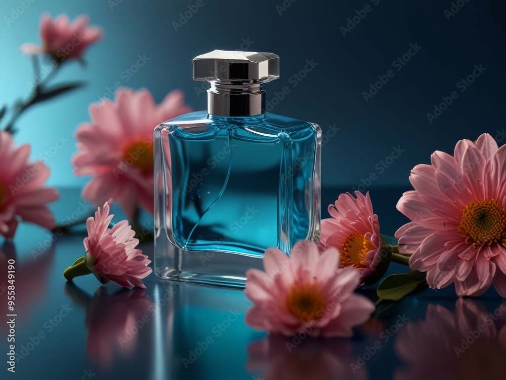 Blue Perfume Bottle with Water Drops and Pink Flowers Blue Perfume Bottle with Water Drops and Pink Flowers