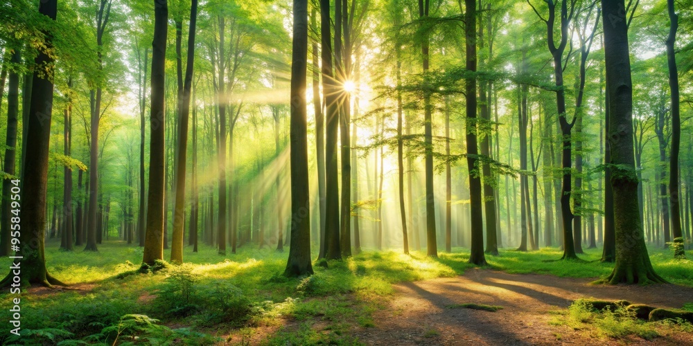 Fototapeta premium A serene and tranquil forest background with tall trees and sunlight filtering through the leaves, nature, peaceful, woods