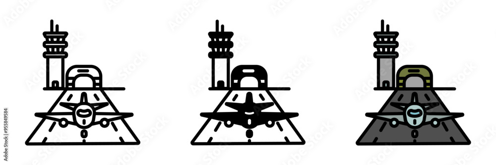Airbase Icon, A military facility providing operational support for aircraft, including runways, control towers, hangars, and personnel quarters. Airbase Icon, A military facility providing operational support for aircraft, including runways, control towers, hangars, and personnel quarters.