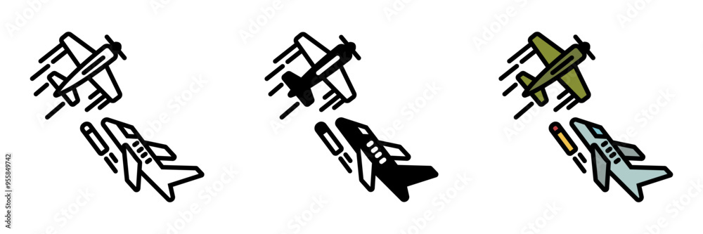 Dogfight icon, Close-range aerial combat between fighter aircraft, requiring advanced maneuvering, quick decision-making, and superior piloting skills. Dogfight icon, Close-range aerial combat between fighter aircraft, requiring advanced maneuvering, quick decision-making, and superior piloting skills.