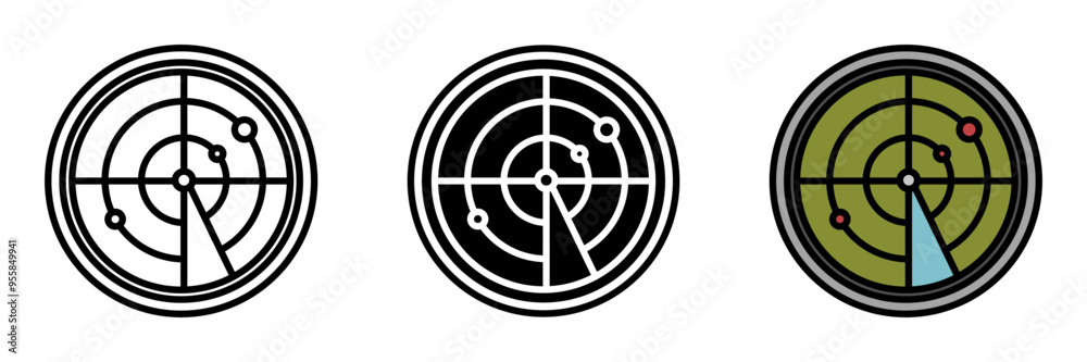 Radar icon, A detection system using radio waves to locate objects, measure distance, and monitor aircraft movements in aviation. Radar icon, A detection system using radio waves to locate objects, measure distance, and monitor aircraft movements in aviation.