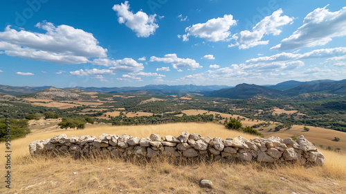 Scenic Landscape of Rolling Hills with a Stone Wall Under a Bright Blue Sky, Capturing the Tranquil Beauty of the Countryside