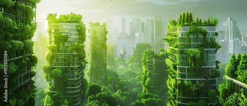 Futuristic Green Cityscape: Skyscrapers Cloaked in Lush Vegetation