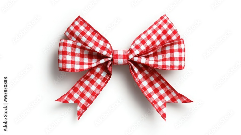 A vibrant red gingham ribbon bow with a classic pattern, perfect for gift wrapping or festive decorations. A vibrant red gingham ribbon bow with a classic pattern, perfect for gift wrapping or festive decorations.