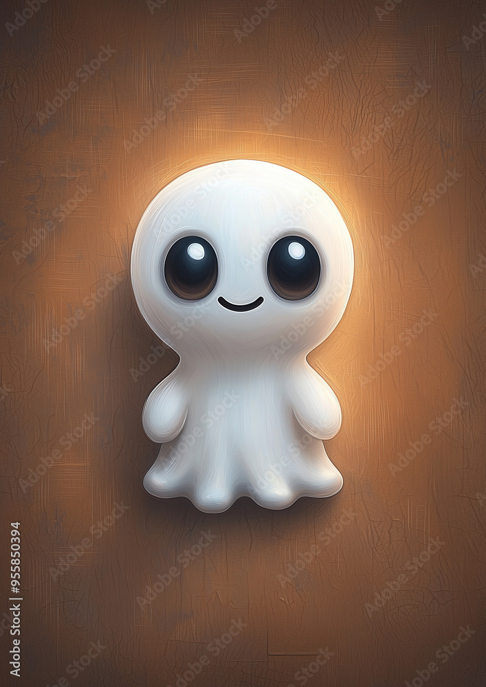Obraz premium Adorable Kawaii Ghost with Big Eyes and Smile Against a Warm Wooden Background in a Cozy Atmosphere