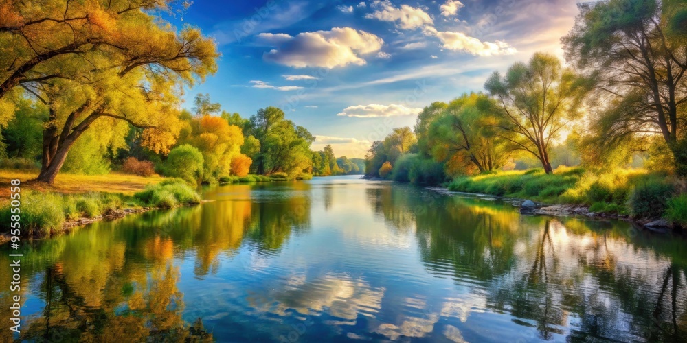 Obraz premium Tranquil river scene with vibrant nature , river, water, trees, reflection, calm, peaceful, serene, greenery, landscape, foliage