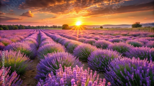 Beautiful lavender field glowing in the sunset light, lavender, field, purple, flowers, sunset, golden hour, nature