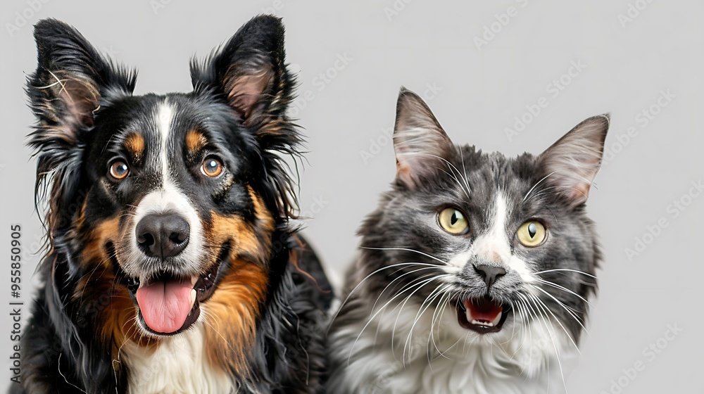 Portrait of a happy dog and cat looking at the camera together isolated on a transparent background showcasing the friendship between pets Portrait of a happy dog and cat looking at the camera together isolated on a transparent background showcasing the friendship between pets