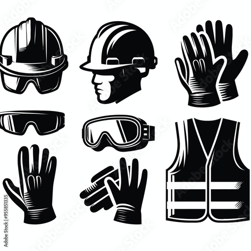 safety goggles, gloves, and a safety vest. The silhouettes should clearly convey protection and safety