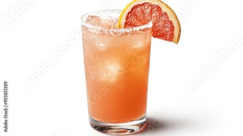 A glass of pink grapefruit soda with ice and a grapefruit wedge garnish.