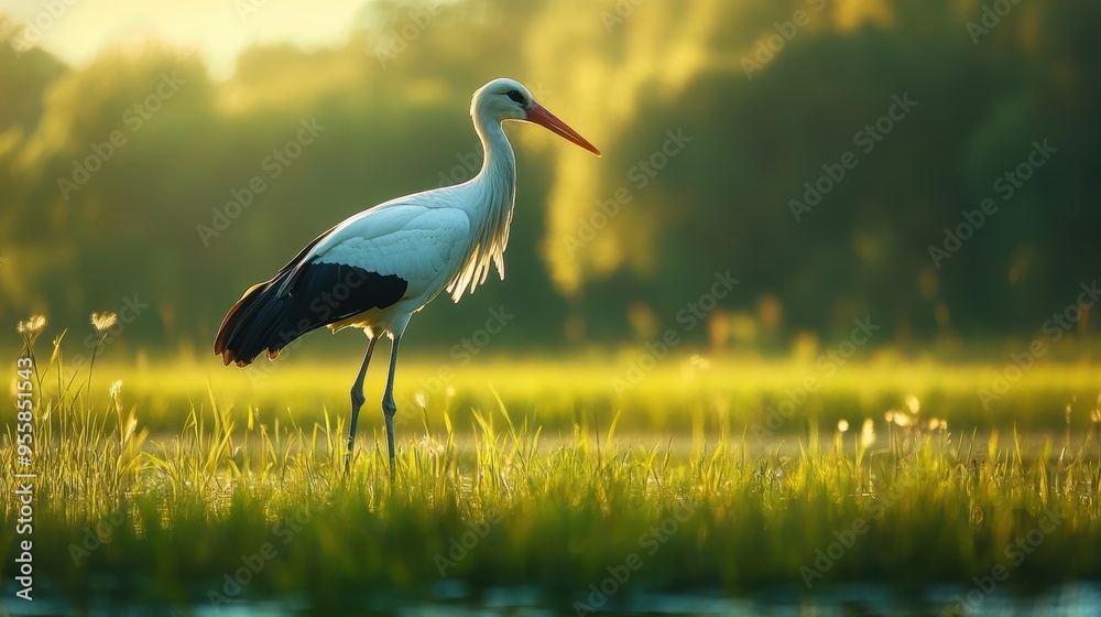 Obraz premium White Stork Standing in a Meadow at Sunset