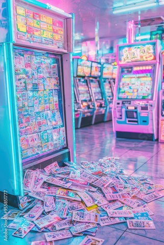 Colorful Arcade Machine With Scattered Tickets in Neon Lights
