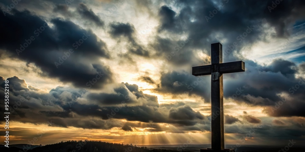 Calvary cross silhouette against grey autumn sky in the Czech Republic, Calvary cross, silhouette, grey, autumn Calvary cross silhouette against grey autumn sky in the Czech Republic, Calvary cross, silhouette, grey, autumn