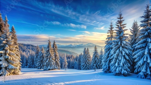 Serene winter landscape with snow-covered hills and majestic evergreen trees in shades of blue, winter, landscape