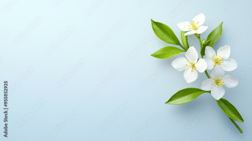A white flower with green leaves is on a blue background A white flower with green leaves is on a blue background
