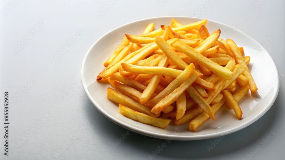 Crispy golden French fries on a white plate, fast food, potato, snack, fried, unhealthy, crispy, delicious, salty, appetizer, side dish Crispy golden French fries on a white plate, fast food, potato, snack, fried, unhealthy, crispy, delicious, salty, appetizer, side dish